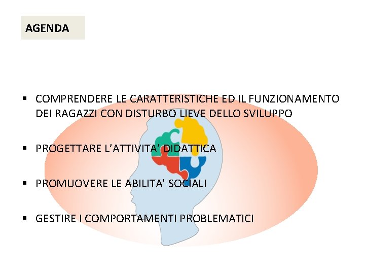 AGENDA § COMPRENDERE LE CARATTERISTICHE ED IL FUNZIONAMENTO DEI RAGAZZI CON DISTURBO LIEVE DELLO