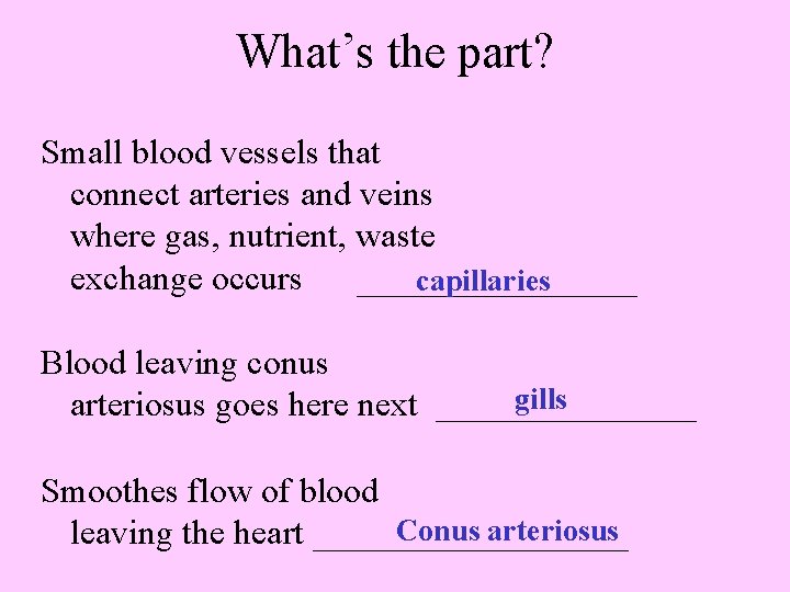 What’s the part? Small blood vessels that connect arteries and veins where gas, nutrient,