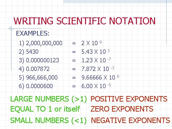 WRITING SCIENTIFIC NOTATION EXAMPLES: 1) 2) 3) 4) 5) 6) 2, 000, 000 5430