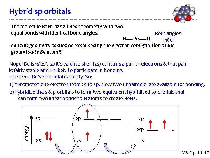 Hybrid sp orbitals The molecule Be. H 2 has a linear geometry with two