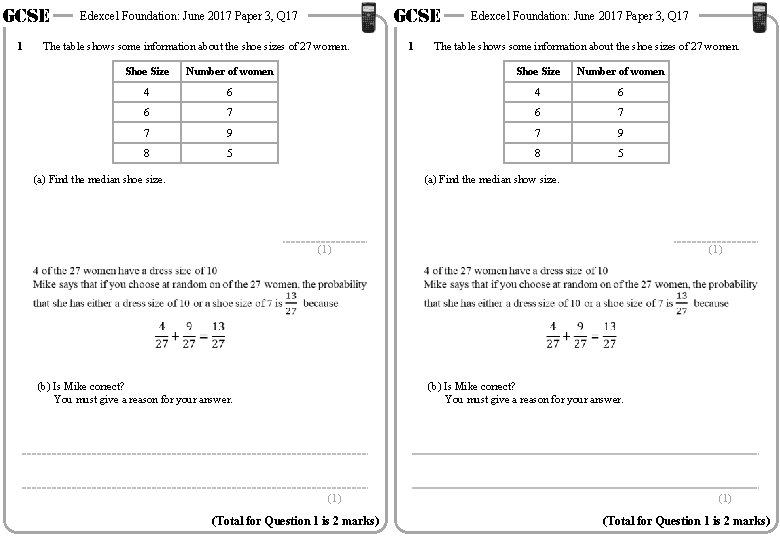 GCSE 1 GCSE Edexcel Foundation: June 2017 Paper 3, Q 17 The table shows GCSE 1 GCSE Edexcel Foundation: June 2017 Paper 3, Q 17 The table shows