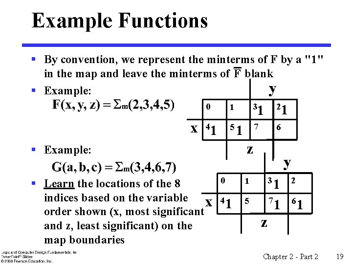 Example Functions § By convention, we represent the minterms of F by a "1"