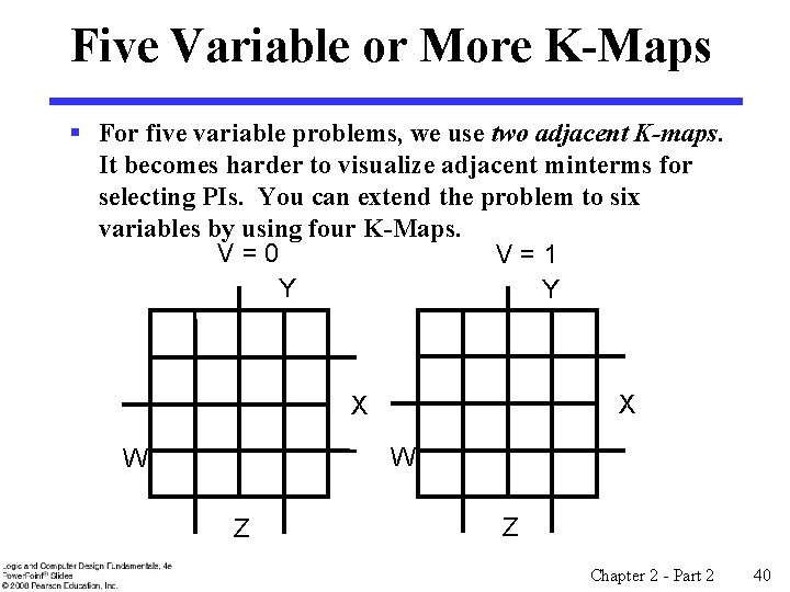 Five Variable or More K-Maps § For five variable problems, we use two adjacent