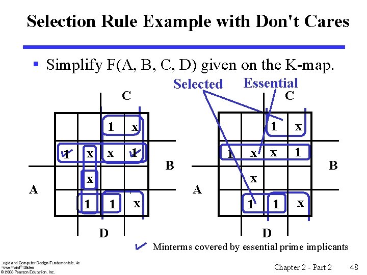Selection Rule Example with Don't Cares § Simplify F(A, B, C, D) given on