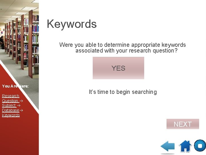 Keywords Were you able to determine appropriate keywords associated with your research question? YES