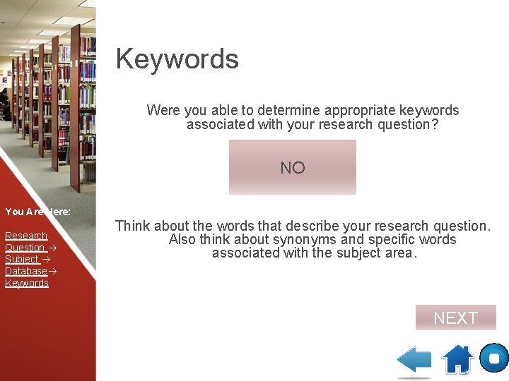 Keywords Were you able to determine appropriate keywords associated with your research question? NO