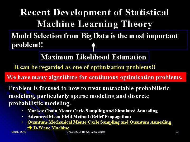 Recent Development of Statistical Machine Learning Theory Model Selection from Big Data is the