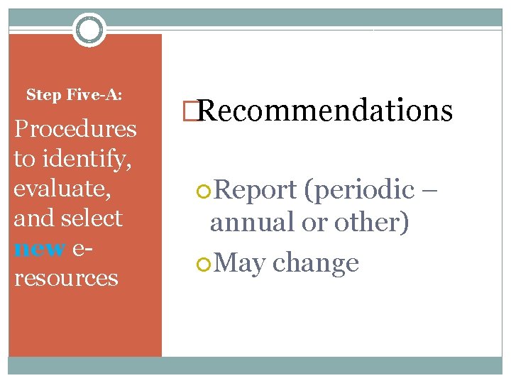 Step Five-A: Procedures to identify, evaluate, and select new eresources �Recommendations Report (periodic –