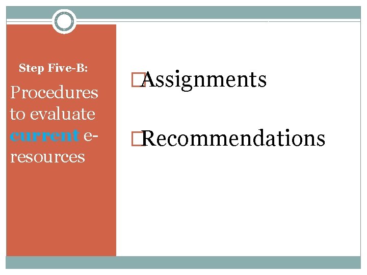 Step Five-B: Procedures to evaluate current eresources �Assignments �Recommendations 