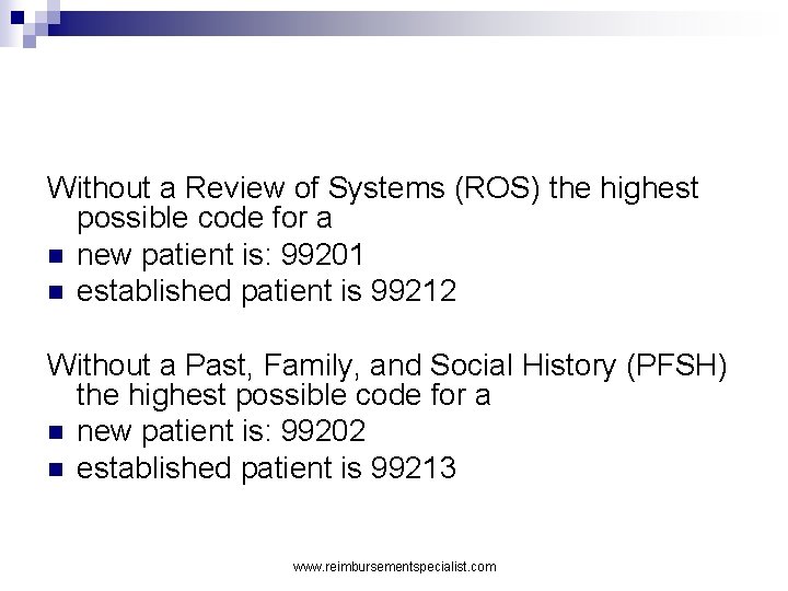 Without a Review of Systems (ROS) the highest possible code for a n new