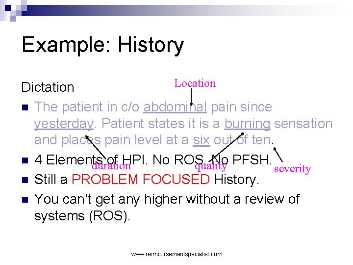Example: History Location Dictation n The patient in c/o abdominal pain since yesterday. Patient
