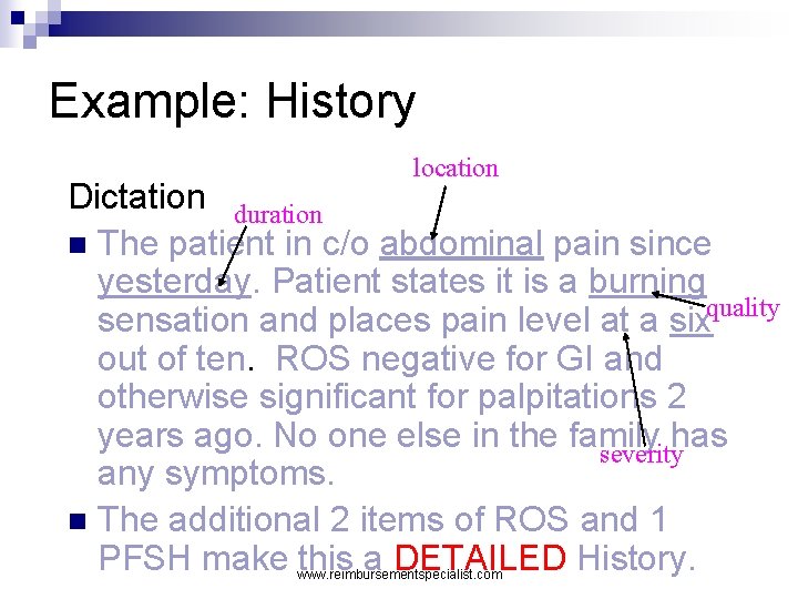 Example: History location Dictation duration n The patient in c/o abdominal pain since yesterday.