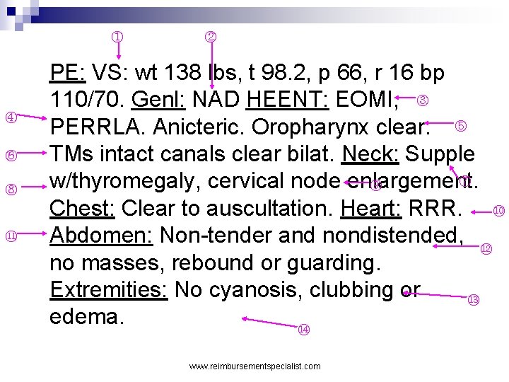① ④ ⑥ ⑧ ⑪ ② PE: VS: wt 138 lbs, t 98. 2,
