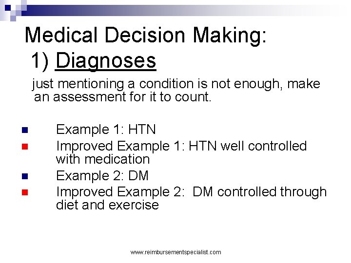 Medical Decision Making: 1) Diagnoses just mentioning a condition is not enough, make an