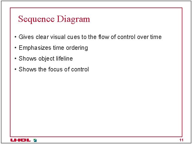 Sequence Diagram • Gives clear visual cues to the flow of control over time Sequence Diagram • Gives clear visual cues to the flow of control over time