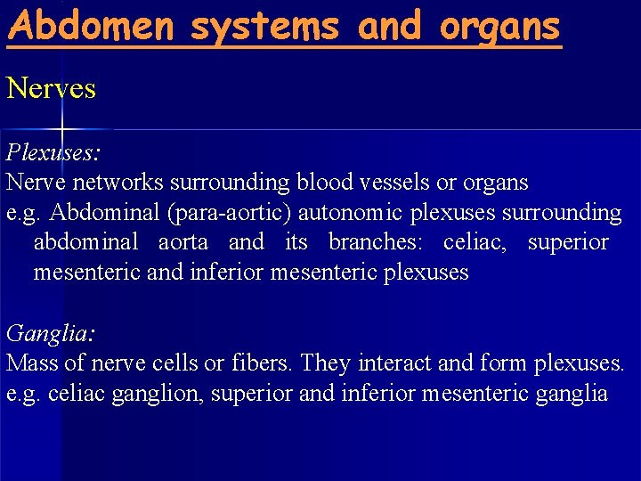 Abdomen systems and organs Nerves Plexuses: Nerve networks surrounding blood vessels or organs e.