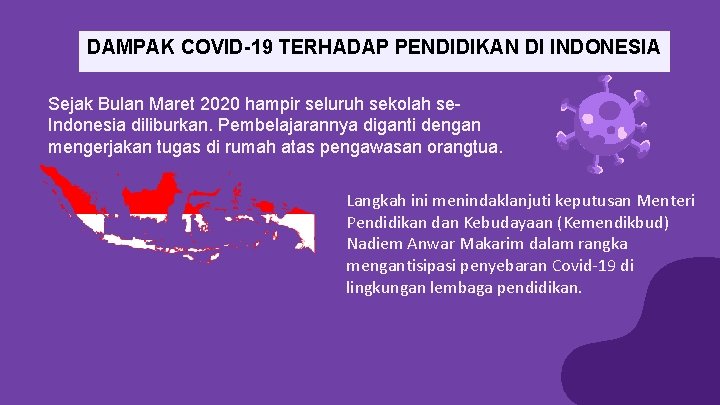 DAMPAK COVID-19 TERHADAP PENDIDIKAN DI INDONESIA Sejak Bulan Maret 2020 hampir seluruh sekolah se.