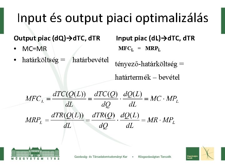 Input és output piaci optimalizálás Output piac (d. Q)→d. TC, d. TR Input piac