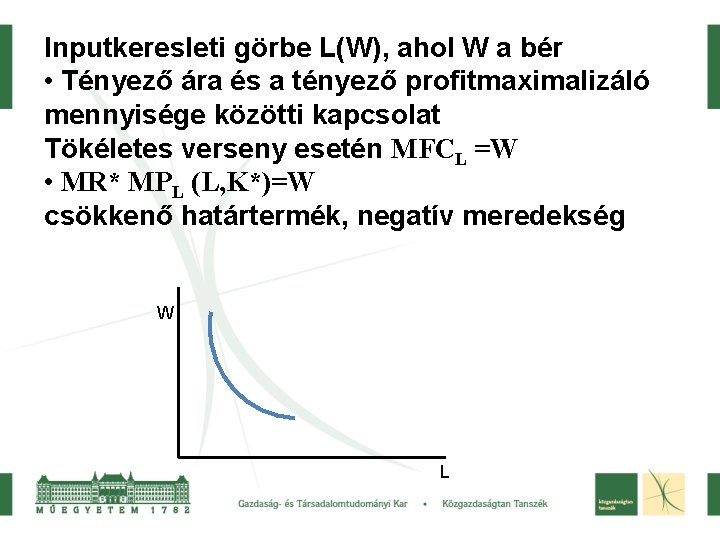 Inputkeresleti görbe L(W), ahol W a bér • Tényező ára és a tényező profitmaximalizáló