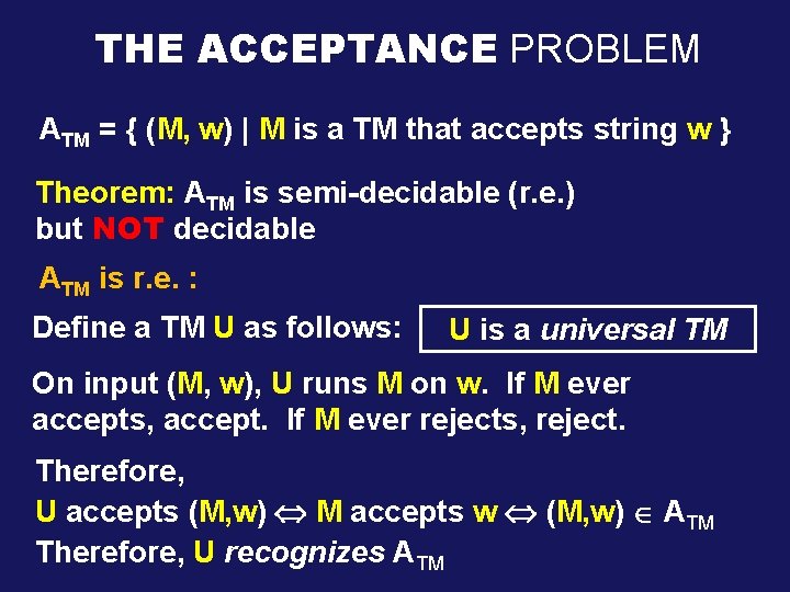 THE ACCEPTANCE PROBLEM ATM = { (M, w) | M is a TM that
