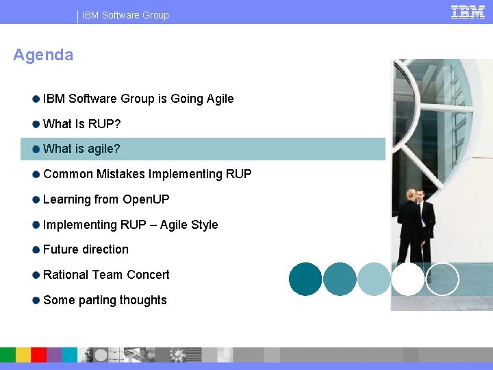 IBM Software Group Agenda IBM Software Group is Going Agile What Is RUP? What