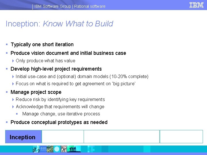 IBM Software Group | Rational software Inception: Know What to Build § Typically one