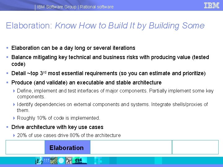 IBM Software Group | Rational software Elaboration: Know How to Build It by Building