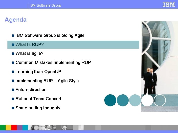 IBM Software Group Agenda IBM Software Group is Going Agile What Is RUP? What