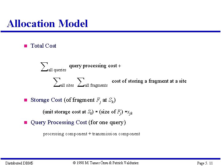 Allocation Model Total Cost all queries query processing cost all sites all fragments cost Allocation Model Total Cost all queries query processing cost all sites all fragments cost