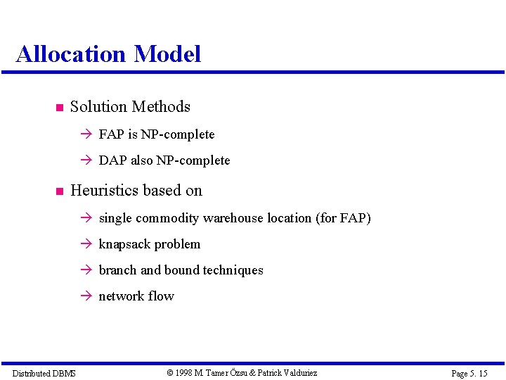 Allocation Model Solution Methods à FAP is NP-complete à DAP also NP-complete Heuristics based Allocation Model Solution Methods à FAP is NP-complete à DAP also NP-complete Heuristics based