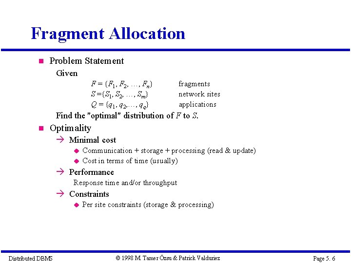 Fragment Allocation Problem Statement Given F = {F 1, F 2, …, Fn} S Fragment Allocation Problem Statement Given F = {F 1, F 2, …, Fn} S