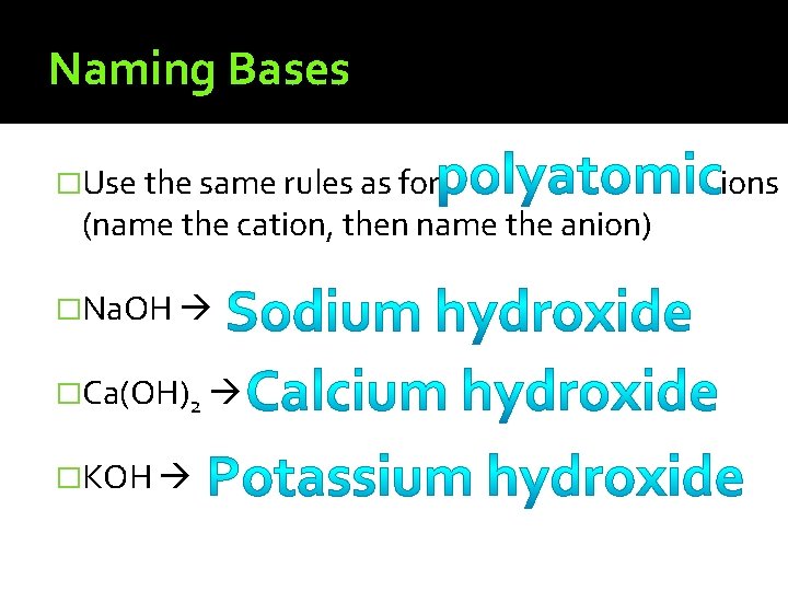 Naming Bases �Use the same rules as for (name the cation, then name the