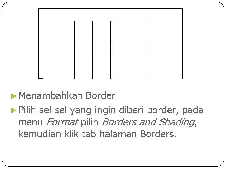 ► Menambahkan Border ► Pilih sel-sel yang ingin diberi border, pada menu Format pilih