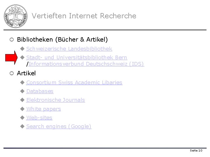 Vertieften Internet Recherche ¢ Bibliotheken (Bücher & Artikel) u Schweizerische Landesbibliothek u Stadt- und