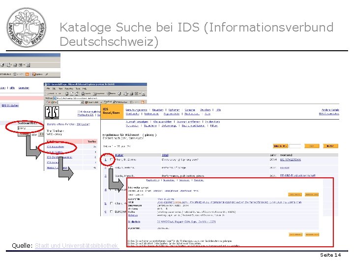 Kataloge Suche bei IDS (Informationsverbund Deutschschweiz) Quelle: Stadt und Universitätsbibliothek Seite 14 