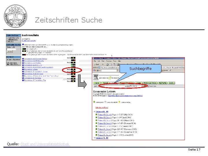 Zeitschriften Suche Suchbegriffe Quelle: Stadt und Universitätsbibliothek Seite 17 