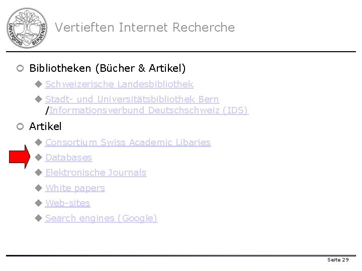 Vertieften Internet Recherche ¢ Bibliotheken (Bücher & Artikel) u Schweizerische Landesbibliothek u Stadt- und