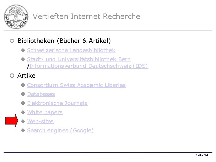Vertieften Internet Recherche ¢ Bibliotheken (Bücher & Artikel) u Schweizerische Landesbibliothek u Stadt- und