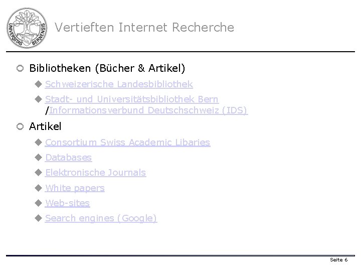 Vertieften Internet Recherche ¢ Bibliotheken (Bücher & Artikel) u Schweizerische Landesbibliothek u Stadt- und