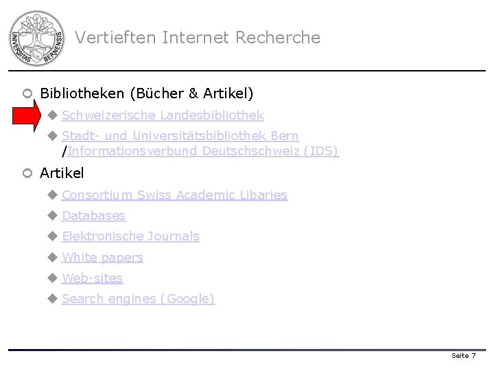 Vertieften Internet Recherche ¢ Bibliotheken (Bücher & Artikel) u Schweizerische Landesbibliothek u Stadt- und