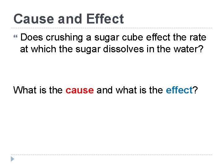 Cause and Effect Does crushing a sugar cube effect the rate at which the