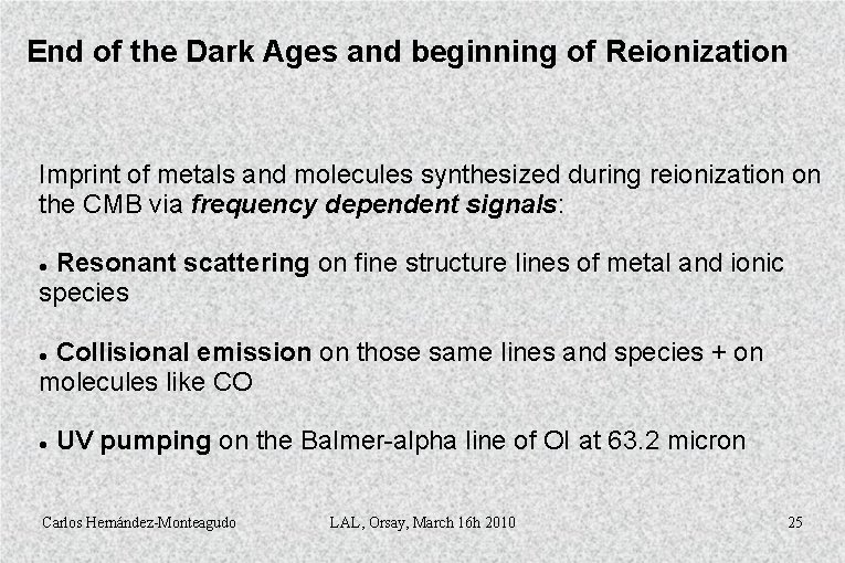 End of the Dark Ages and beginning of Reionization Imprint of metals and molecules