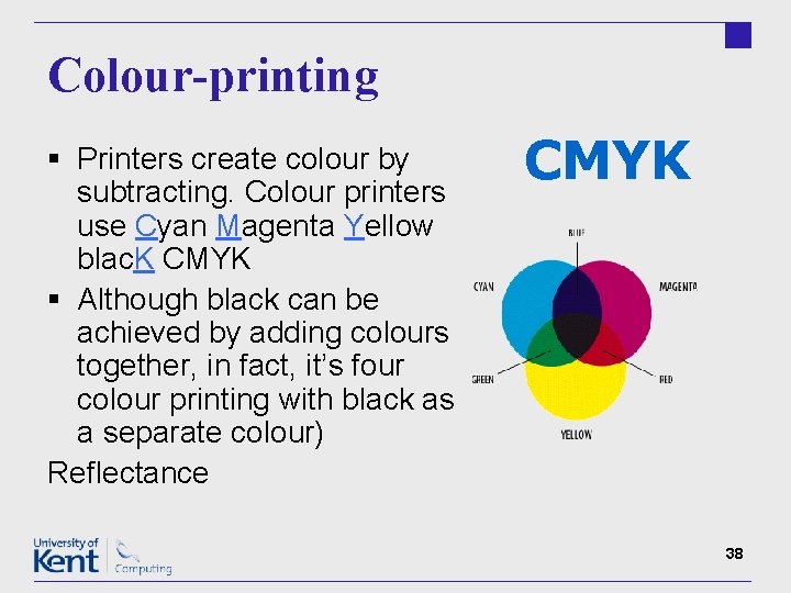 Colour-printing § Printers create colour by subtracting. Colour printers use Cyan Magenta Yellow blac.