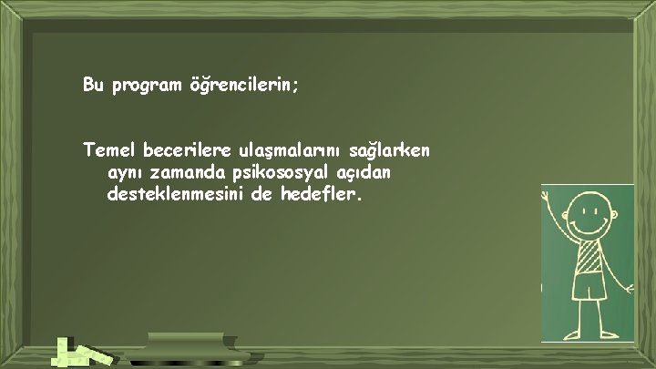 Bu program öğrencilerin; Temel becerilere ulaşmalarını sağlarken aynı zamanda psikososyal açıdan desteklenmesini de hedefler.