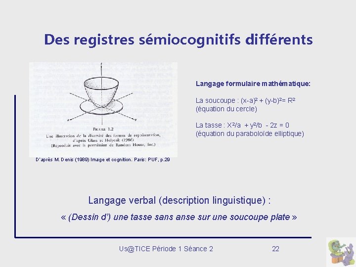 Des registres sémiocognitifs différents Langage formulaire mathématique: La soucoupe : (x-a)2 + (y-b)2= R