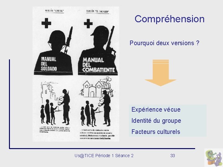 Compréhension Pourquoi deux versions ? Expérience vécue Identité du groupe Facteurs culturels Us@TICE Période