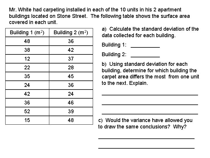Mr. White had carpeting installed in each of the 10 units in his 2