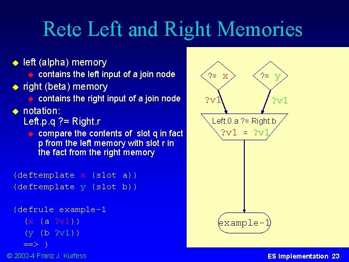 Rete Left and Right Memories u left (alpha) memory u u x ? =