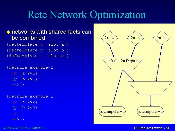 Rete Network Optimization u networks with shared facts can be combined ? = x