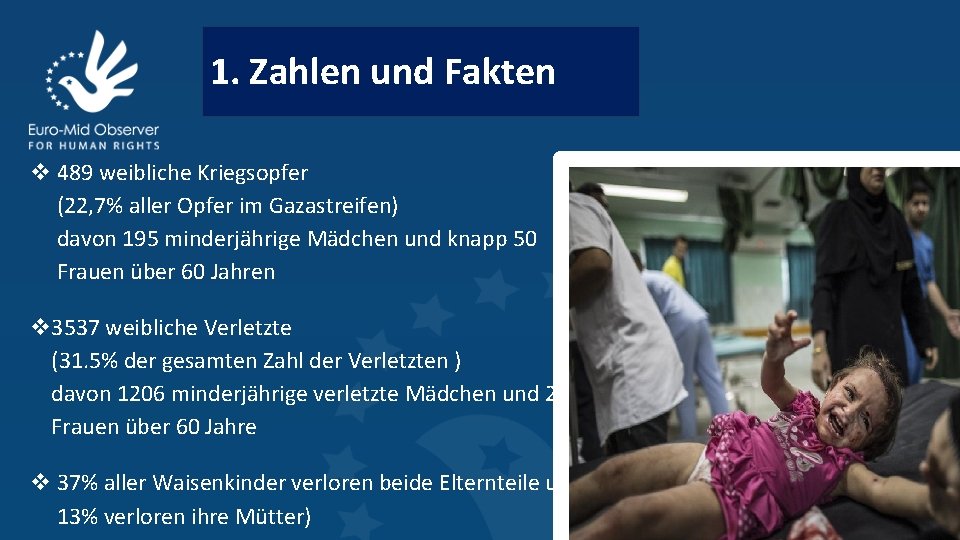 1. Zahlen und Fakten v 489 weibliche Kriegsopfer (22, 7% aller Opfer im Gazastreifen)